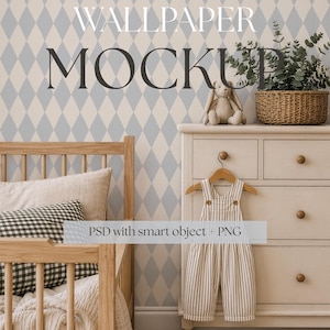 May include: A nursery mockup featuring a wooden crib, a dresser, and a striped jumpsuit on a hanger. The background has a diamond pattern wallpaper. The scene includes a stuffed bunny, a woven basket with greenery, and a round jute rug.