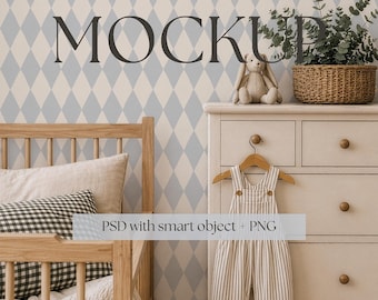 Boho Nursery Wallpaper Mockup PSD, Neutral Baby Room Interior, Editable Smart Object Wall, Boys room wallpaper mockup