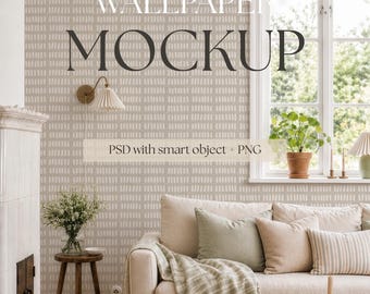 Nordic Living Room Wallpaper Mockup PSD, Cozy Neutral Interior, Smart Object Wall, Country Home Scene, Cottagecore interior