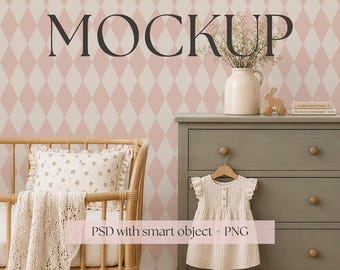 Boho Nursery Wallpaper Mockup PSD, Warm Neutral Kids Room Interior, Smart Object Blank Wall, Scandinavian kids room Mockup