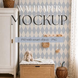 May include: A room mockup with a light blue and beige diamond pattern wallpaper. The scene includes a wooden toy chest, a stuffed bunny, and a woven basket. Text on the wall reads "WALLPAPER MOCKUP" and "PSD with smart object + PNG".