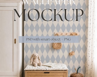 Kids Room Wallpaper Mockup PSD, Scandinavian Nursery Interior, Blank Wall Smart Object, Surface Pattern Wallpaper Mockup