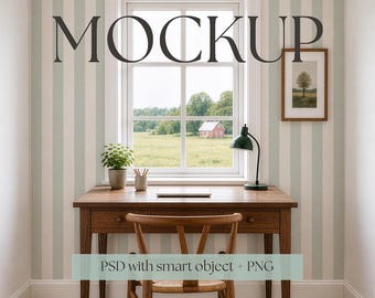 Home Office Wallpaper Mockup PSD, Scandinavian Home Interior Scene, Editable Smart Object Wall, Country House Mockup