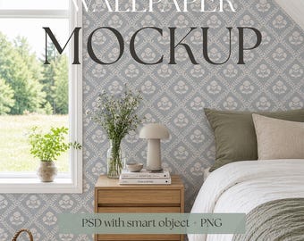 Cozy Bedroom Wallpaper Mockup PSD, Nordic Cottage Interior, Editable Smart Object Wall, Swedish Bedroom Mockup