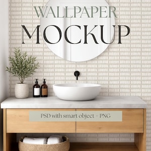 Maqueta de papel tapiz para baño escandinavo (PSD), tocador nórdico minimalista, pared de objetos inteligentes, baño moderno y limpio, pared vacía