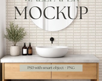 Scandinavian Bathroom Wallpaper Mockup PSD, Minimal Nordic Vanity Interior, Smart Object Wall, Clean Modern Bathroom Scene, Empty Wall
