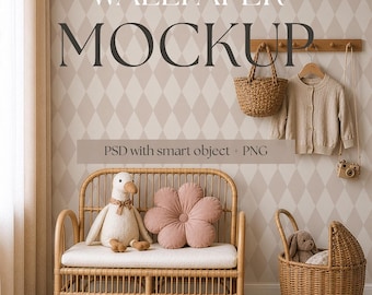 Cozy Playroom Wallpaper Mockup PSD, Neutral Kids Room Interior, Smart Object Wall, Nordic Style Vintage kids room