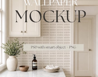 Neutral Kitchen Wallpaper Mockup PSD, Organic Modern Interior, Minimal Wall Scene, Smart Object Wall, Swedish kitchen scene