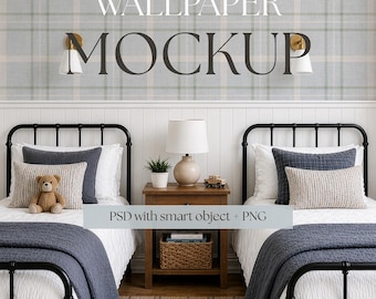 Twin Boy Bedroom Wallpaper Mockup PSD, Boy Room Interior, Editable Smart Object Wall Scene, New England Coastal Interior Mockup