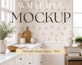 Moderne Küstenküche Tapeten Mockup PSD, Neutrale Innenszene, bearbeitbare Smart Objekt Wand