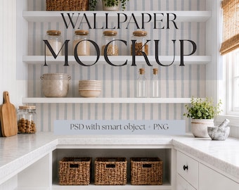 Coastal Pantry Wallpaper Mockup PSD, Kitchen Interior Mockup, Cottage Pantry Scene, Smart Object Wall