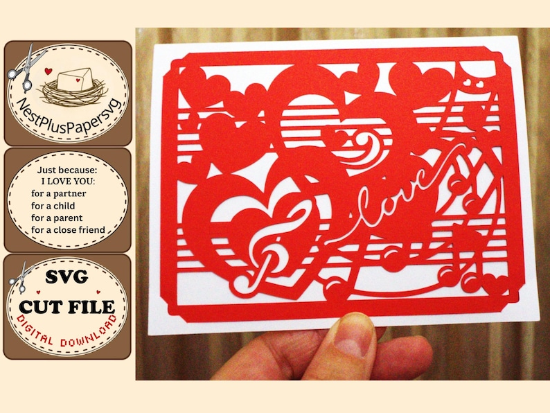 Love Heart A2 SVG Card Cut File, Handmade Paper Craft Digital Download, DIY Card Template for cutting machine, Partner Child Parent Friend imagen 3