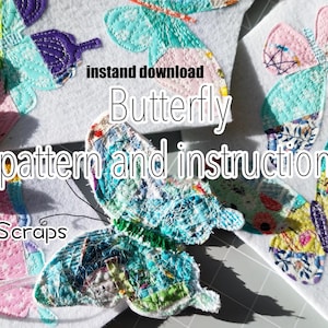 May include: A close-up of four colourful fabric butterflies on a white background. The butterflies are made from scraps of fabric and have been stitched together. The text "Instant Download Butterfly Pattern and Instructions Fabric Scraps" is visible in the image.