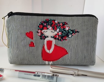 A blow of Love Free Motion Embroidery Zipper Pouch, pencil case, Organize purses, cosmetic bag