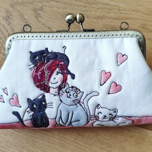 Cat lover Clutch Bag Free Motion Embroidery(Cosmetic Case, Makeup Pouch, Travel Bag, Bag Belt)