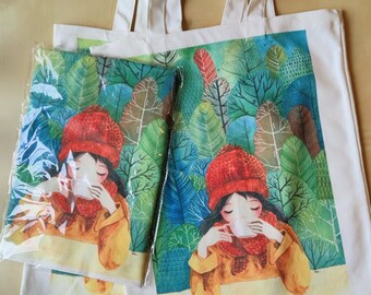 Watercolour Tote bag, Watercolor illustration totes 100% Cotton