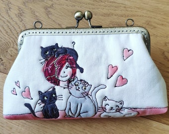 Cat lover Clutch Bag Free Motion Embroidery(Cosmetic Case, Makeup Pouch, Travel Bag, Bag Belt)