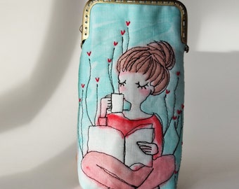 Embroidered iPhone Case: Reading Girl Cotton Phone/Glasses Sleeve