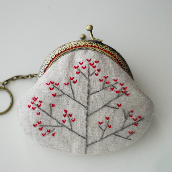 Heart Tree Embroidery Purse (Metal Frame) red