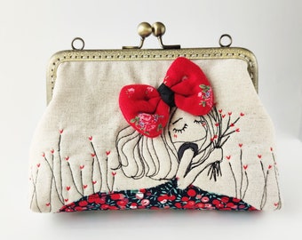Love flower picking Clutch Bag Free Motion Embroidery(Cosmetic Case, Makeup Pouch, Travel Bag, Bag Belt)