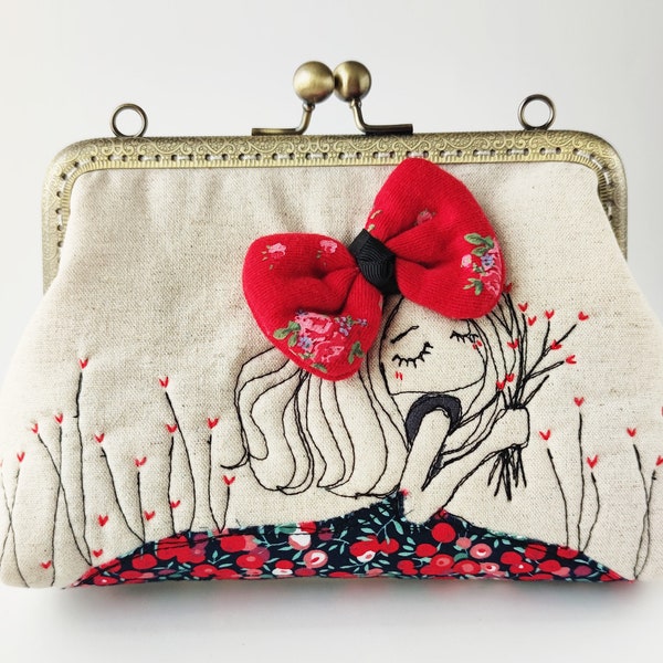 Love flower picking Clutch Bag Free Motion Embroidery(Cosmetic Case, Makeup Pouch, Travel Bag, Bag Belt)