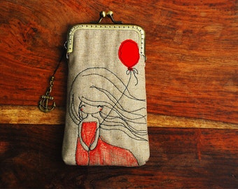 iPhone Case iPhone sleeve gadget case - Red balloon Free Motion Embroidery girl (iPhone 15 14 Pro/Pro Max/Plus,Samsung Galaxy S23/S23+ etc.)