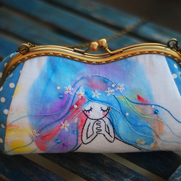 Embroidery Mermaid Cosmetic Bag (Cosmetic Case, Makeup Pouch, Travel Bag, Cotton Fabric, Metal Frame)