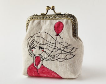 Linen and Red balloon little coin and card Purse