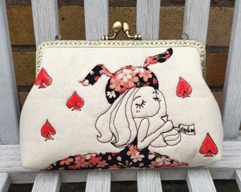 Drink me Alice in wonder land Clutch Bag Free Motion Embroidery(Cosmetic Case, Makeup Pouch, Travel Bag, Bag Belt)