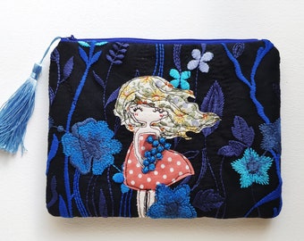 In the night garden zipper purse Free Motion Embroidery(Cosmetic Case, Makeup Pouch, Travel Bag)