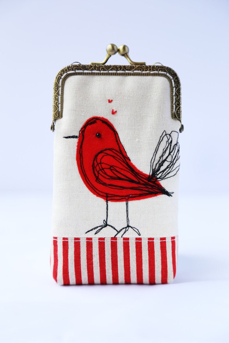 iPhone Case, iPhone Sleeve, Gadget Case, Glasses Case iPhone 15 14 Pro/Pro Max/Plus, Galaxy S23/S23 etc.Free Motion Embroidery Red Bird image 2