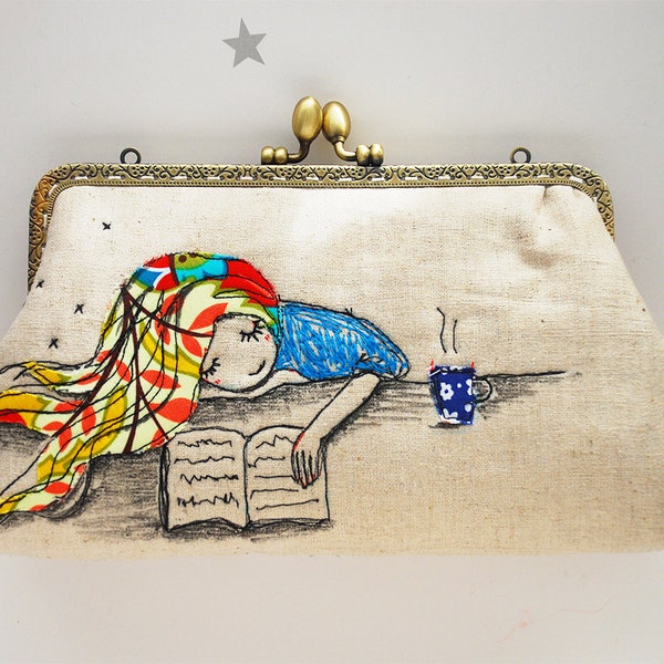 Embroidered Reading Girl Clutch Bag: Handmade Cotton Linen Cosmetic Case with Belt