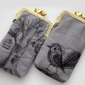 iPhone Case iPhone sleeve gadget case/Glasses Case (iPhone 15 14 Pro/Pro Max/Plus,Galaxy S23/S23+ etc.) Free Motion Embroidery Bird and tree