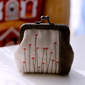 Grey linen and Red hearts little coin and card Purse