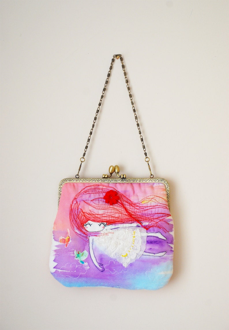 Girl in White Lace Clutch Bag Free Motion Embroidery cosmetic Etsy