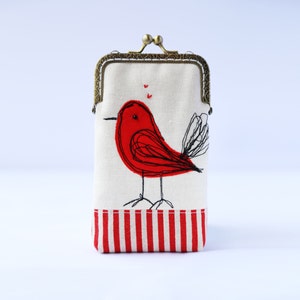 iPhone Case, iPhone Sleeve, Gadget Case, Glasses Case iPhone 15 14 Pro/Pro Max/Plus, Galaxy S23/S23 etc.Free Motion Embroidery Red Bird image 1