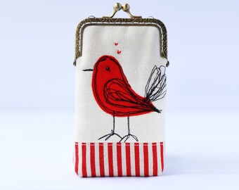 iPhone Case, iPhone Sleeve, Gadget Case, Glasses Case (iPhone 13 12 Pro/Pro Max/Mini, Galaxy S21/S21+ etc.)--Free Motion Embroidery Red Bird