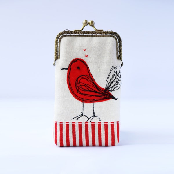 iPhone Case, iPhone Sleeve, Gadget Case, Glasses Case (iPhone 15 14 Pro/Pro Max/Plus, Galaxy S23/S23+ etc.)--Free Motion Embroidery Red Bird