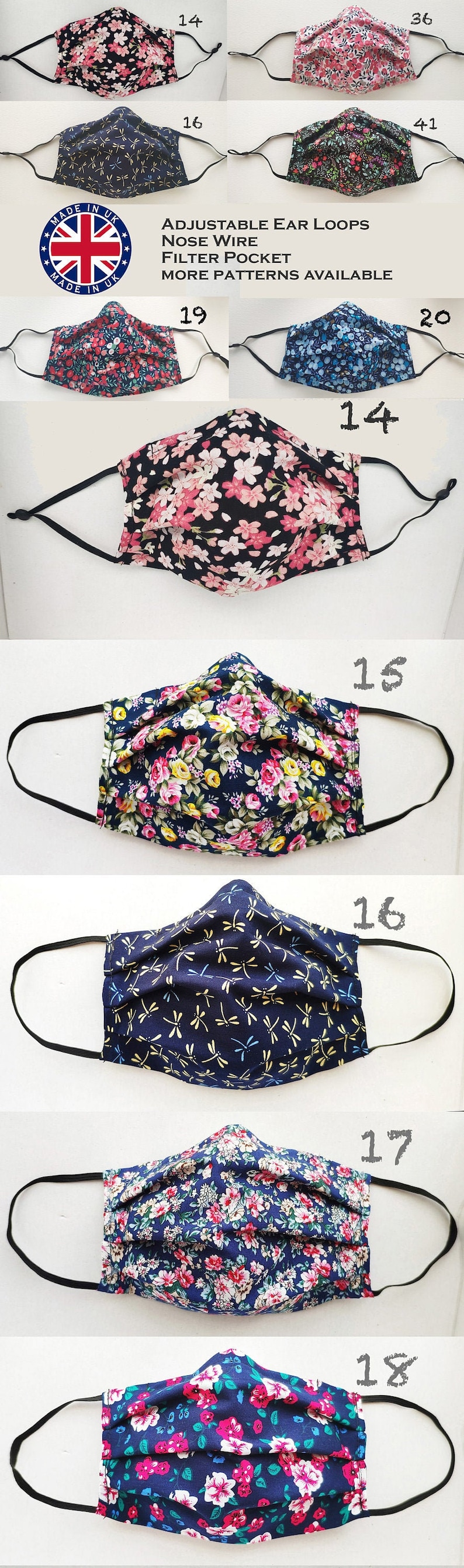 Handmade Washable Face Mask, with Adjustable Ear Loops, Nose Wire, Filter Pocket 100% Cotton KIDS AND ADULT Flowers/Patterns 