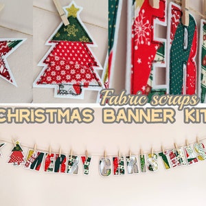Könnte beinhalten: Ein Weihnachts-Banner-Kit mit Stoffresten. Das Banner enthält Stern- und Baumformen sowie Buchstaben mit der Aufschrift "MERRY CHRISTMAS". Die Formen und Buchstaben sind mit festlichen roten, grünen und weißen Mustern verziert. Das Banner ist an einer Schnur befestigt.