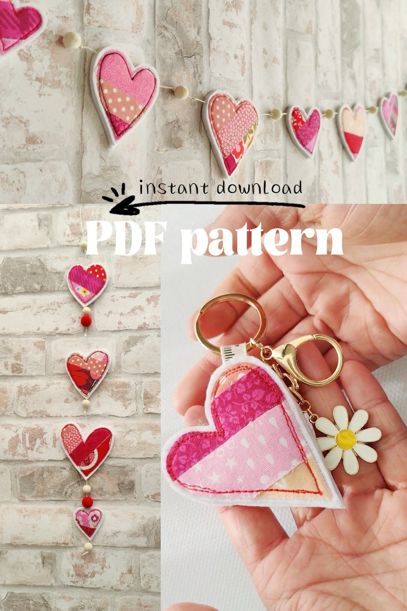 PDF pattern Fabric Scraps Heart Keyring and Garland Pattern with Step-by-Step Instructions instant download image 1