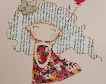 Girl with Red Balloon Original Mixed Media Illustration