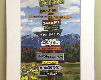 Matted 8x12 print of NH Signpost Paintings, choose from any of the 7 NH regions available, fits 11x14 frame, sample is Franconia Notch