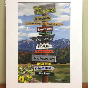 Matted 8x12 print of NH Signpost Paintings, choose from any of the 7 NH regions available, fits 11x14 frame, sample is Franconia Notch image 1