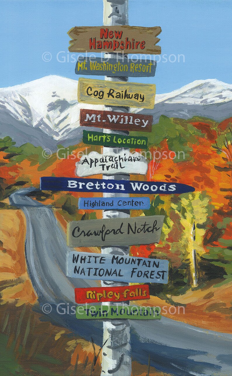 Matted 8x12 print of NH Signpost Paintings, choose from any of the 7 NH regions available, fits 11x14 frame, sample is Franconia Notch image 3