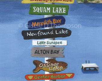 NH Signpost Poster, Lakes Region, Lake Winnipesaukee, Squam Lake, Newfound Lake, Ossipee Lake, Lake Sunapee, Wolfeboro 11x17 or 8x12 print