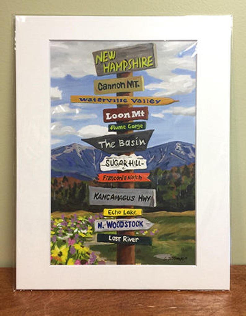 Matted 8x12 print of NH Signpost Paintings, choose from any of the 7 NH regions available, fits 11x14 frame, sample is Franconia Notch image 1