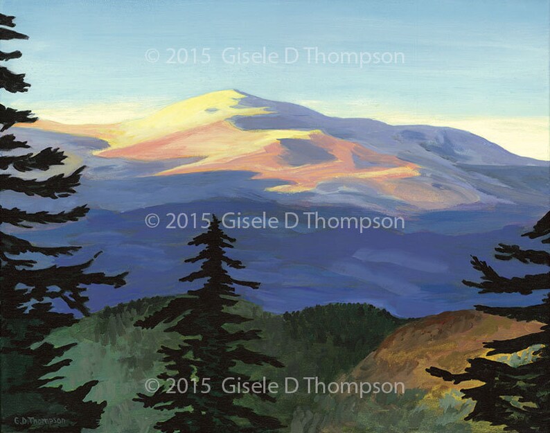 May include: A painting of a mountain range with a blue sky and a yellow, orange, and red sunset. The mountain range is in the background and there are trees in the foreground. The painting is signed "&copy;2015 Gisele D Thompson".