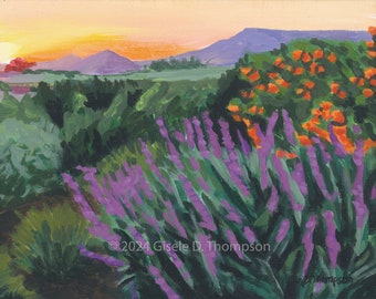 Print from painting "Sunset at Wolfe" California Central Coast,  Matted 8x10 fits 11x14 frame