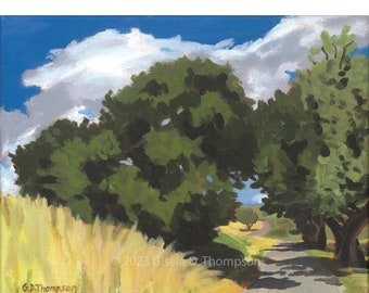 Print from painting "Summer Oak 2" California Central Coast,  Matted  8x10 fits 11x14 frame